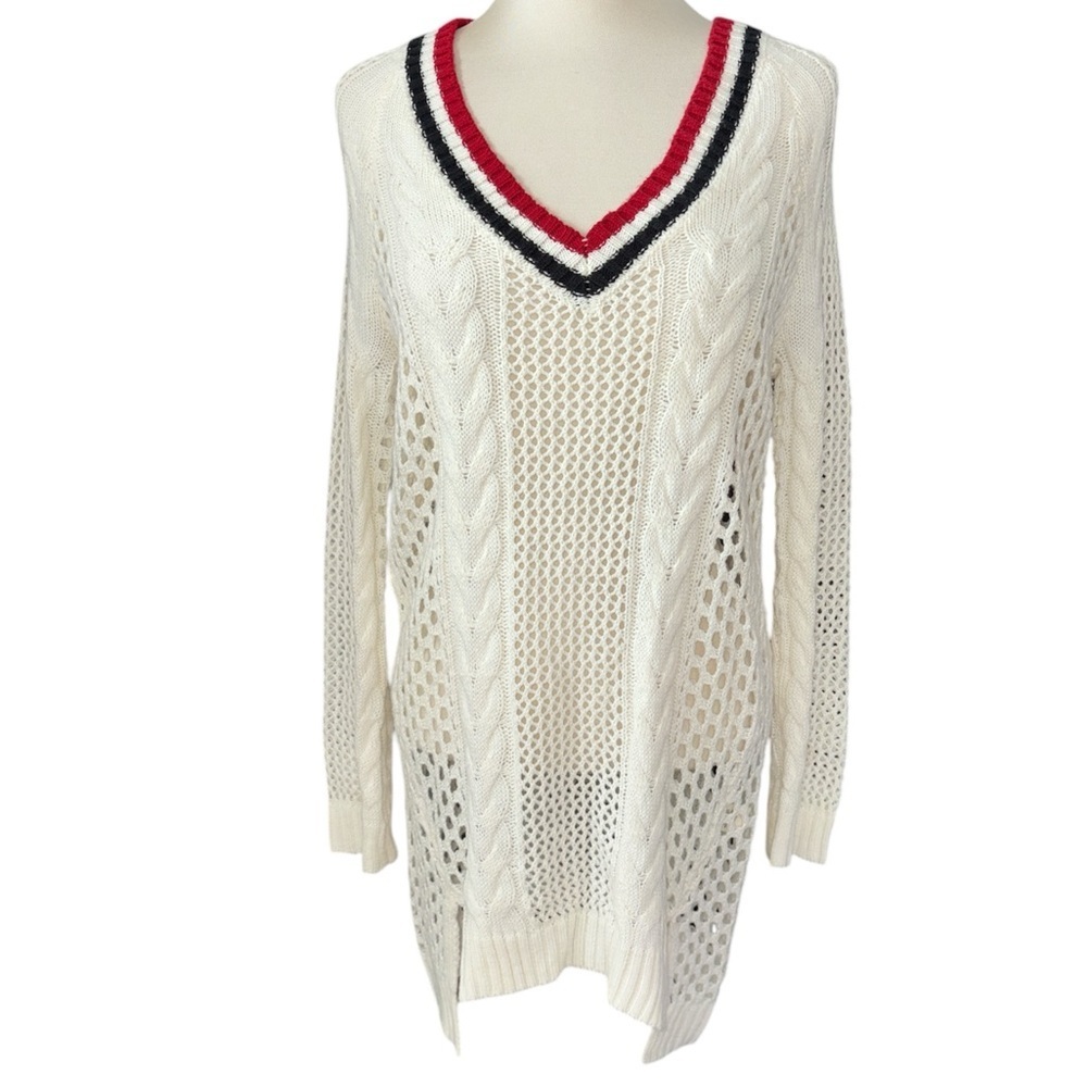 Ultra Flirt sweater V-neckline long sleeves stripes @neckline crocheted Sz small